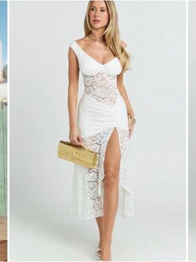 Showpo Tatum Midi - White Lace High-Low V-Neck Dress